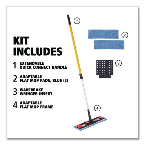 Image of Rubbermaid® Commercial 2132426 Adaptable Flat Mop Kit, 19.5 X 5.5 Blue Microfiber Head, 48" To 72" Yellow Aluminum Handle