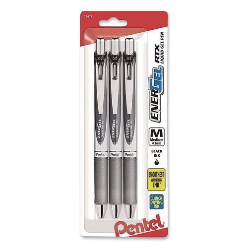 Image of Pentel® BL77BP3A EnerGel RTX Liquid Gel Pen, Retractable. Medium 0.7 mm, Black Ink, Black/Gray Barrel, 3/Pack
