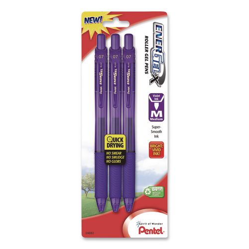 Image of Pentel® BL107BP3V EnerGel-X Gel Pen, Retractable, Medium 0.7 mm, Violet Ink, Translucent Violet/Violet Barrel, 3/Pack