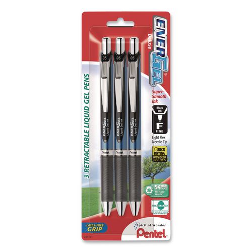 Image of Pentel® BLN75BP3A EnerGel RTX Gel Pen, Retractable, Fine 0.5 mm, Black Ink, Black/Blue Barrel, 3/Pack
