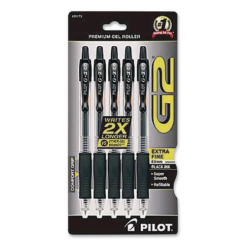 Image of Pilot® G25C5BLK G2 Premium Gel Pen, Retractable, Extra-Fine 0.5 mm, Black Ink, Clear/Black Barrel, 5/Pack