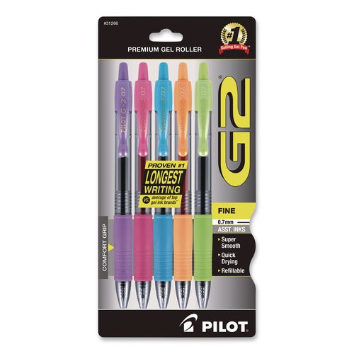 Image of Pilot® 31266 G2 Premium Gel Ink Pen, Retractable, Fine 0.7 mm, Assorted Ink and Barrel Colors, 5/Pack