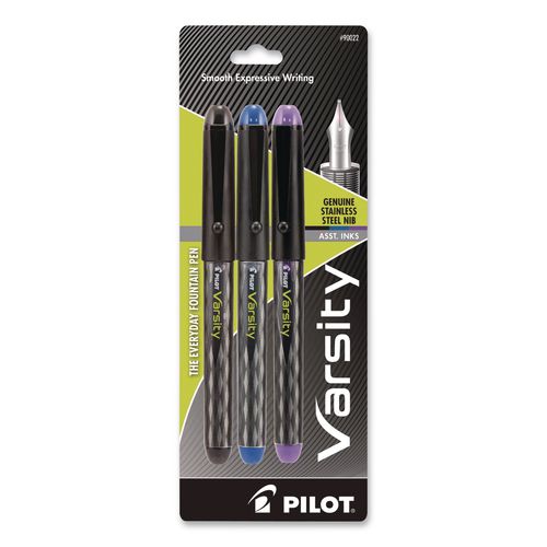 Image of Pilot® 90022 Varsity Fountain Pen, Medium 1 mm, Assorted Ink and Barrel Colors, 3/Pack