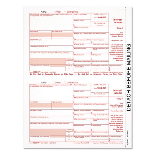 Image of Adams® LINTFED-S 2024 1099 INT Interest Income Tax Form, 2 Forms/Sheet, 50 Forms Total