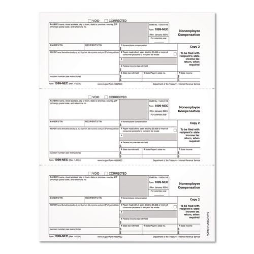 Image of Adams® LNECPAY2 2024 1099-NEC Copy 1 or 2 Laser/Inkjet Tax Forms, 8.5 x 3.66, 3 Forms/Sheet, 150 Forms Total