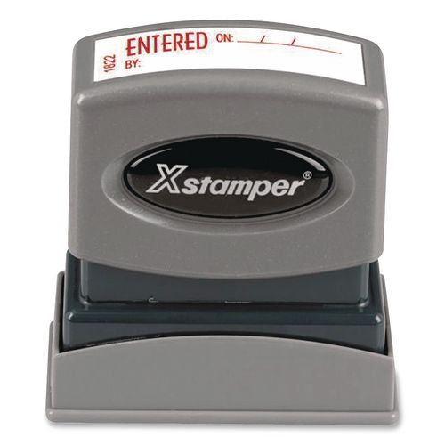 Image of Xstamper® ECO-GREEN 036023 Pre-Inked One-Color Stock Stamp, ENTERED ON/BY, 1.62 x 0.5, Red Ink