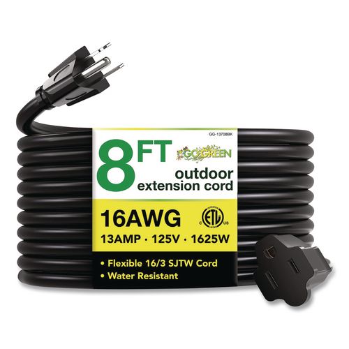 Image of GoGreen Power GG-13708BK 16 AWG Outdoor Extension Cord, 8 ft, 13 A, Black