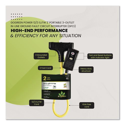 Image of GoGreen Power GG-12402 Portable Tri-Tap with GFCI, 3 Outlets, 2 ft Cord, Yellow