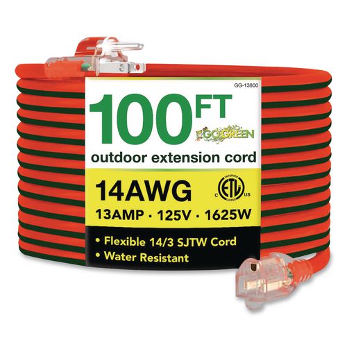 Image of GoGreen Power GG-13800 14 AWG Lighted End Heavy-Duty Extension Cord, 100 ft, 13 A, Orange/Black