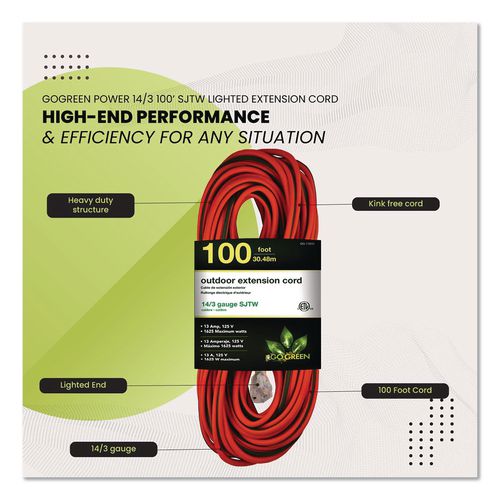 Image of GoGreen Power GG-13800 14 AWG Lighted End Heavy-Duty Extension Cord, 100 ft, 13 A, Orange/Black