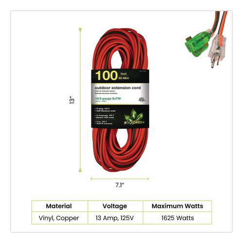 Image of GoGreen Power GG-13800 14 AWG Lighted End Heavy-Duty Extension Cord, 100 ft, 13 A, Orange/Black