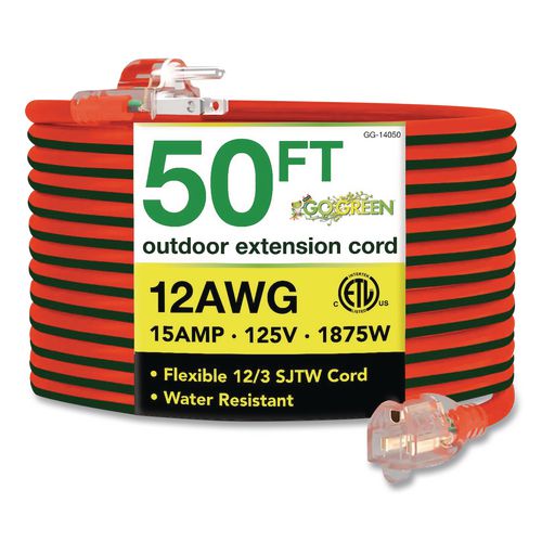 Image of GoGreen Power GG-14050 12 AWG Lighted End Heavy-Duty Extension Cord, 50 ft, 15 A, Orange/Black