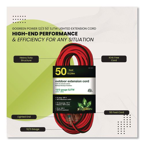 Image of GoGreen Power GG-14050 12 AWG Lighted End Heavy-Duty Extension Cord, 50 ft, 15 A, Orange/Black
