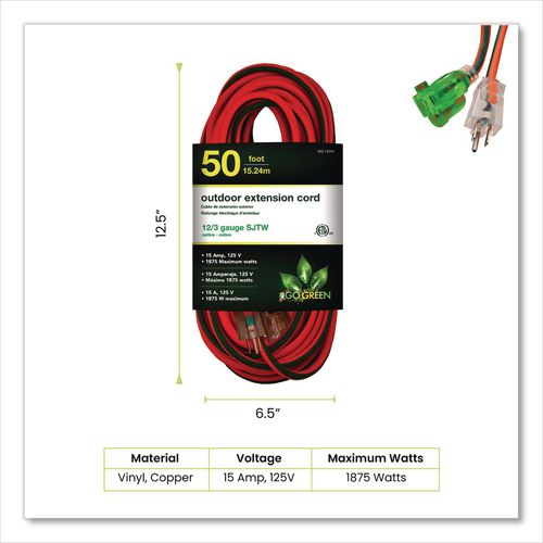 Image of GoGreen Power GG-14050 12 AWG Lighted End Heavy-Duty Extension Cord, 50 ft, 15 A, Orange/Black