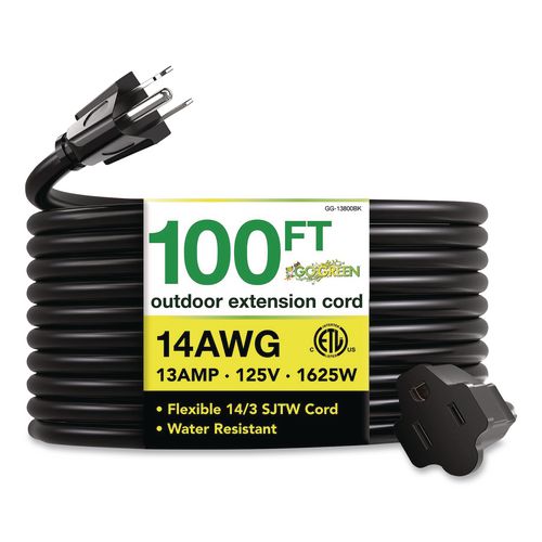 Image of GoGreen Power GG-13800BK 14 AWG Heavy-Duty Extension Cord, 100 ft, 13 A, Black