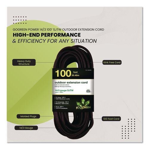Image of GoGreen Power GG-13800BK 14 AWG Heavy-Duty Extension Cord, 100 ft, 13 A, Black