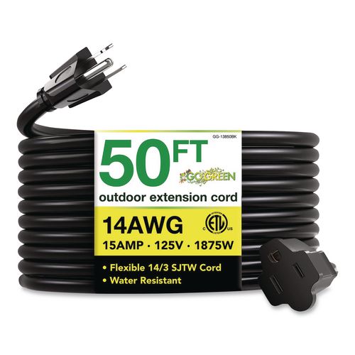 Image of GoGreen Power GG-13850BK 14 AWG Lighted End Heavy-Duty Extension Cord, 50 ft, 15 A, Black
