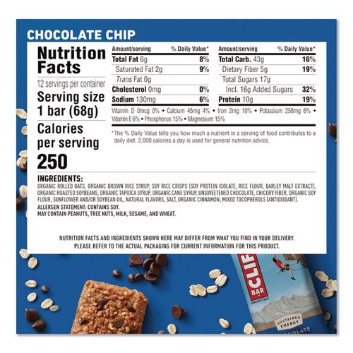 Image of CLIF® Bar CCC160004 Energy Bar, Chocolate Chip, 2.4 oz Bar, 12/Box