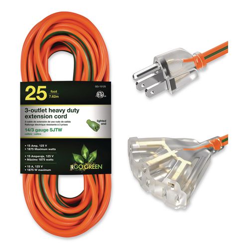 Image of GoGreen Power GG-15125 14 AWG 3-Outlet Heavy Duty Extension Cord, 25 ft, 15 A, Orange
