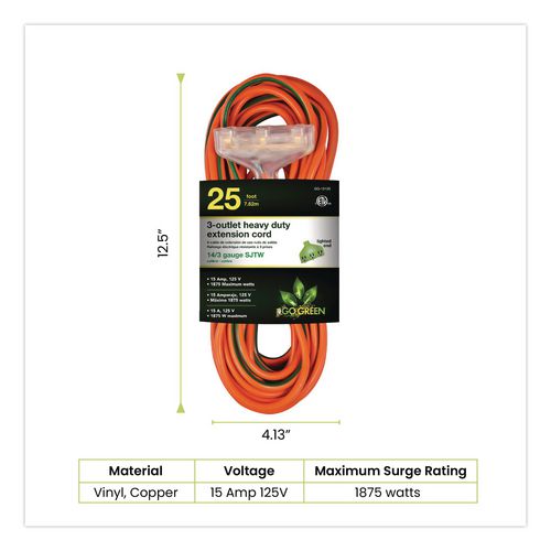 Image of GoGreen Power GG-15125 14 AWG 3-Outlet Heavy Duty Extension Cord, 25 ft, 15 A, Orange