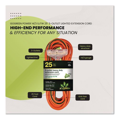 Image of GoGreen Power GG-15125 14 AWG 3-Outlet Heavy Duty Extension Cord, 25 ft, 15 A, Orange