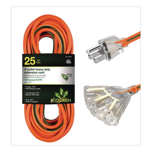Image of GoGreen Power GG-15225 12 AWG 3-Outlet Heavy-Duty Extension Cord, 25 ft, 15 A, Orange