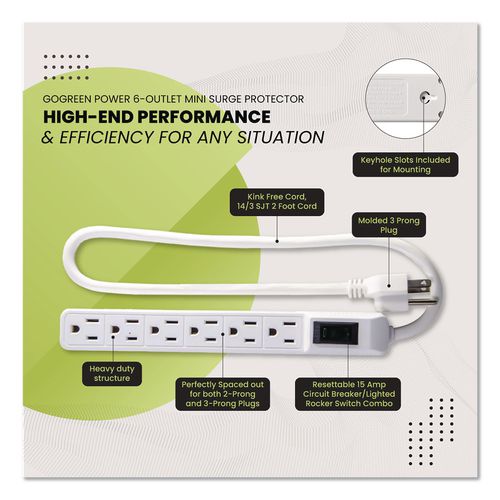 Image of GoGreen Power GG-16103MINBK 6 Outlet Mini Surge Protector, 2 ft Cord, 160 J, Black