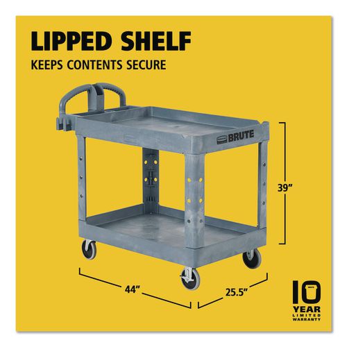 Image of Rubbermaid® Commercial 2192464 BRUTE Heavy-Duty Ergo Handle Utility Cart, Plastic, Two Shelves, 500 lb Capacity, 25.5" x 44" x 39", Gray