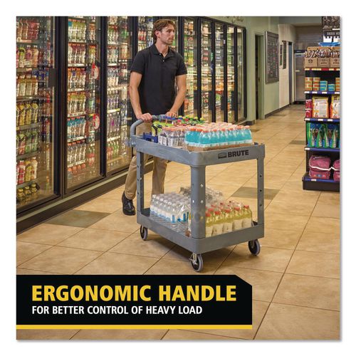 Image of Rubbermaid® Commercial 2192464 BRUTE Heavy-Duty Ergo Handle Utility Cart, Plastic, Two Shelves, 500 lb Capacity, 25.5" x 44" x 39", Gray