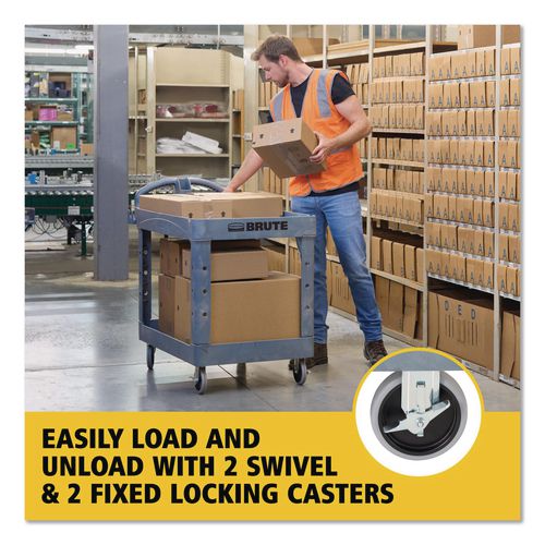 Image of Rubbermaid® Commercial 2192464 BRUTE Heavy-Duty Ergo Handle Utility Cart, Plastic, Two Shelves, 500 lb Capacity, 25.5" x 44" x 39", Gray