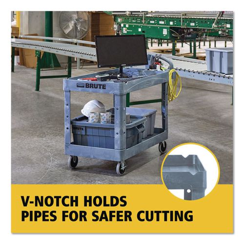 Image of Rubbermaid® Commercial 2192464 BRUTE Heavy-Duty Ergo Handle Utility Cart, Plastic, Two Shelves, 500 lb Capacity, 25.5" x 44" x 39", Gray