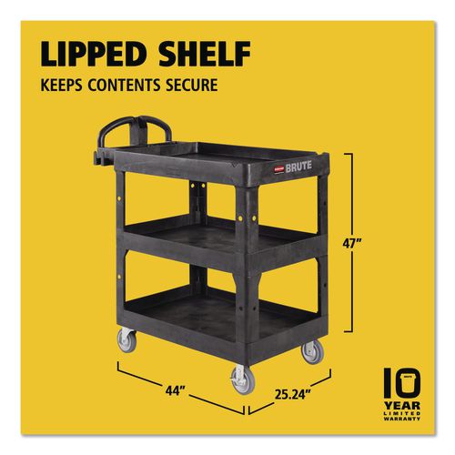 Image of Rubbermaid® Commercial 2196862 BRUTE 3-Shelf Heavy-Duty Ergo Lipped Utility Cart, Resin, 3 Shelves, 600 lb Capacity, 25.24" x 44" x 47", Black