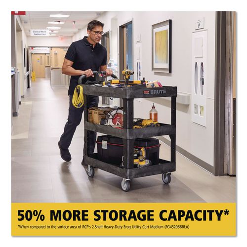 Image of Rubbermaid® Commercial 2196862 BRUTE 3-Shelf Heavy-Duty Ergo Lipped Utility Cart, Resin, 3 Shelves, 600 lb Capacity, 25.24" x 44" x 47", Black