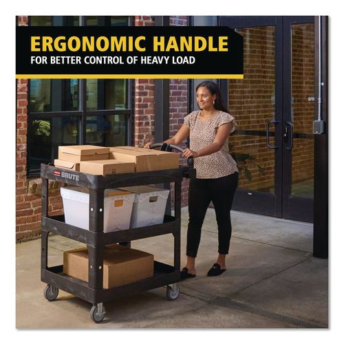 Image of Rubbermaid® Commercial 2196862 BRUTE 3-Shelf Heavy-Duty Ergo Lipped Utility Cart, Resin, 3 Shelves, 600 lb Capacity, 25.24" x 44" x 47", Black