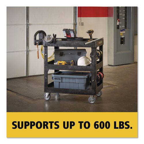 Image of Rubbermaid® Commercial 2196862 BRUTE 3-Shelf Heavy-Duty Ergo Lipped Utility Cart, Resin, 3 Shelves, 600 lb Capacity, 25.24" x 44" x 47", Black