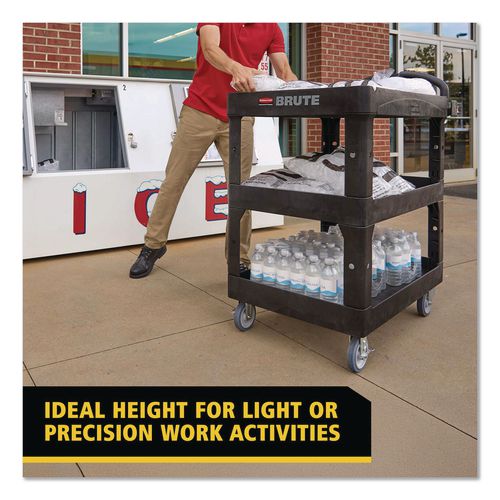 Image of Rubbermaid® Commercial 2196862 BRUTE 3-Shelf Heavy-Duty Ergo Lipped Utility Cart, Resin, 3 Shelves, 600 lb Capacity, 25.24" x 44" x 47", Black