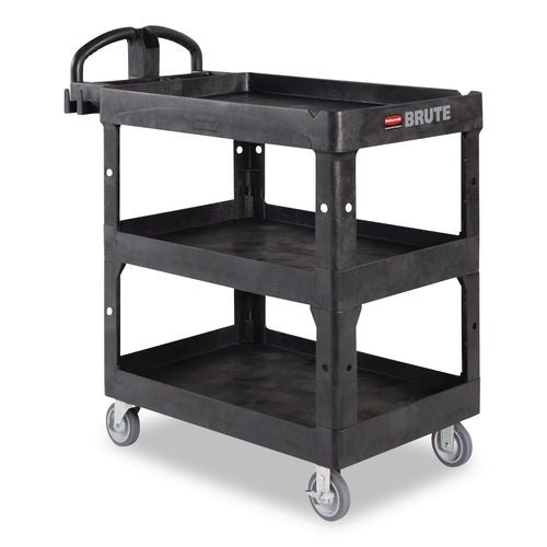 Image of Rubbermaid® Commercial 2196862 BRUTE 3-Shelf Heavy-Duty Ergo Lipped Utility Cart, Resin, 3 Shelves, 600 lb Capacity, 25.24" x 44" x 47", Black