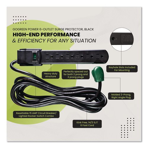 Image of GoGreen Power GG-16106MSBK 6 Outlet Surge Protector, 6 ft Cord, 250 J, Black