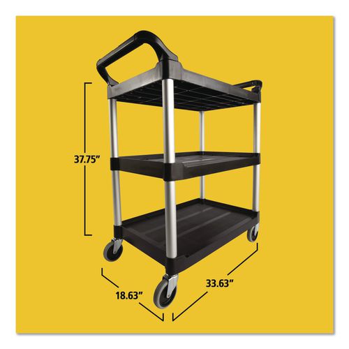 Image of Rubbermaid® Commercial FG342488BLA Three-Shelf Service Cart, Plastic, 3 Shelves, 200 lb Capacity, 18.63" x 33.63" x 37.75", Black