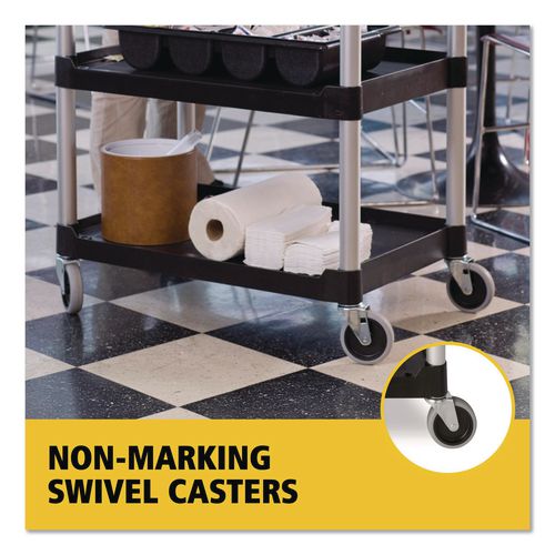 Image of Rubbermaid® Commercial FG342488BLA Three-Shelf Service Cart, Plastic, 3 Shelves, 200 lb Capacity, 18.63" x 33.63" x 37.75", Black
