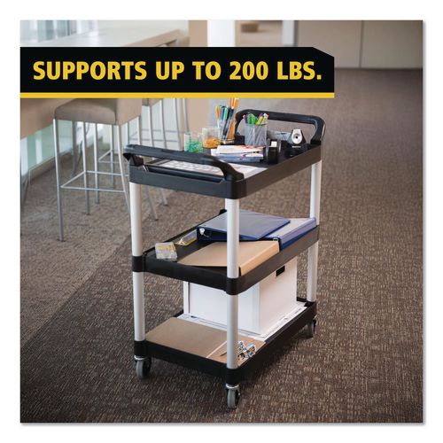 Image of Rubbermaid® Commercial FG342488BLA Three-Shelf Service Cart, Plastic, 3 Shelves, 200 lb Capacity, 18.63" x 33.63" x 37.75", Black