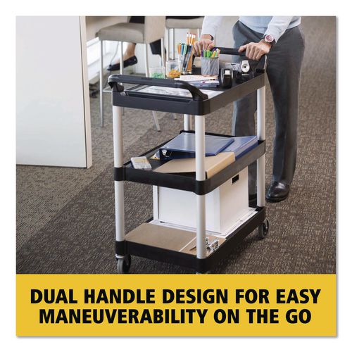 Image of Rubbermaid® Commercial FG342488BLA Three-Shelf Service Cart, Plastic, 3 Shelves, 200 lb Capacity, 18.63" x 33.63" x 37.75", Black