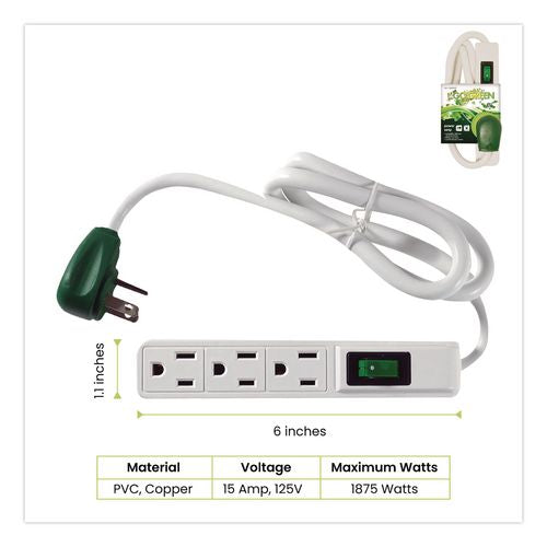 Image of GoGreen Power GG-13002MS-3 3 Outlet Power Strip, 2.5 ft Cord, White, 3/Pack