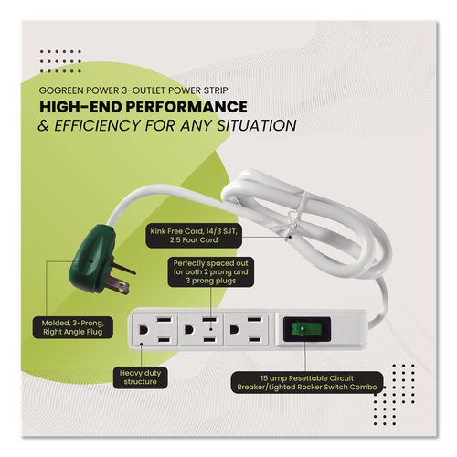 Image of GoGreen Power GG-13002MS-3 3 Outlet Power Strip, 2.5 ft Cord, White, 3/Pack