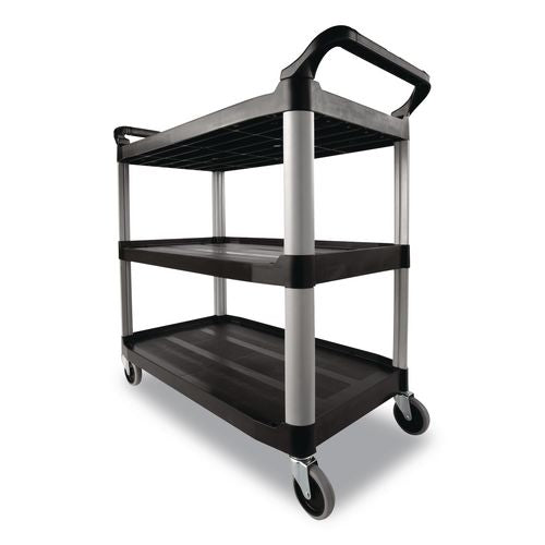 Image of Rubbermaid® Commercial FG409100BLA Xtra Utility Cart with Open Sides, Plastic, 3 Shelves, 300 lb Capacity, 40.63" x 20" x 37.81", Black