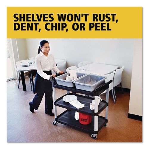 Image of Rubbermaid® Commercial FG409100BLA Xtra Utility Cart with Open Sides, Plastic, 3 Shelves, 300 lb Capacity, 40.63" x 20" x 37.81", Black