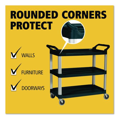Image of Rubbermaid® Commercial FG409100BLA Xtra Utility Cart with Open Sides, Plastic, 3 Shelves, 300 lb Capacity, 40.63" x 20" x 37.81", Black