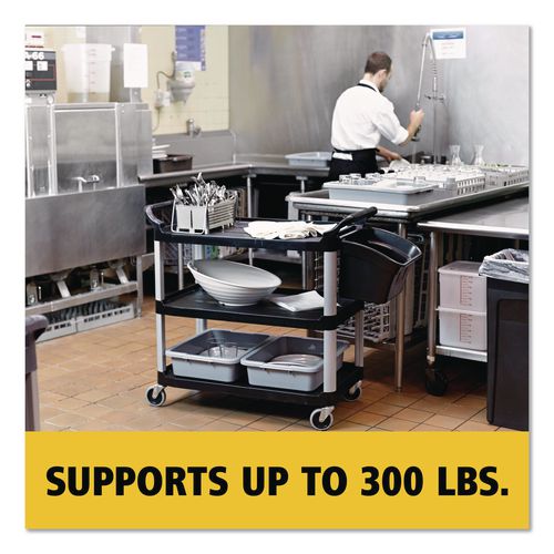 Image of Rubbermaid® Commercial FG409100BLA Xtra Utility Cart with Open Sides, Plastic, 3 Shelves, 300 lb Capacity, 40.63" x 20" x 37.81", Black