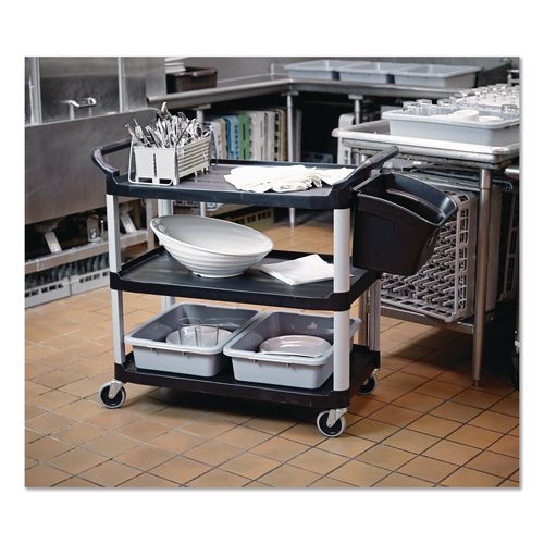 Image of Rubbermaid® Commercial FG342488BLA Three-Shelf Service Cart, Plastic, 3 Shelves, 200 lb Capacity, 18.63" x 33.63" x 37.75", Black