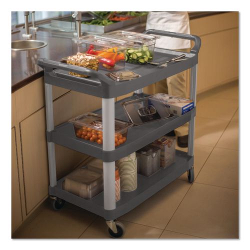Image of Rubbermaid® Commercial FG409100BLA Xtra Utility Cart with Open Sides, Plastic, 3 Shelves, 300 lb Capacity, 40.63" x 20" x 37.81", Black